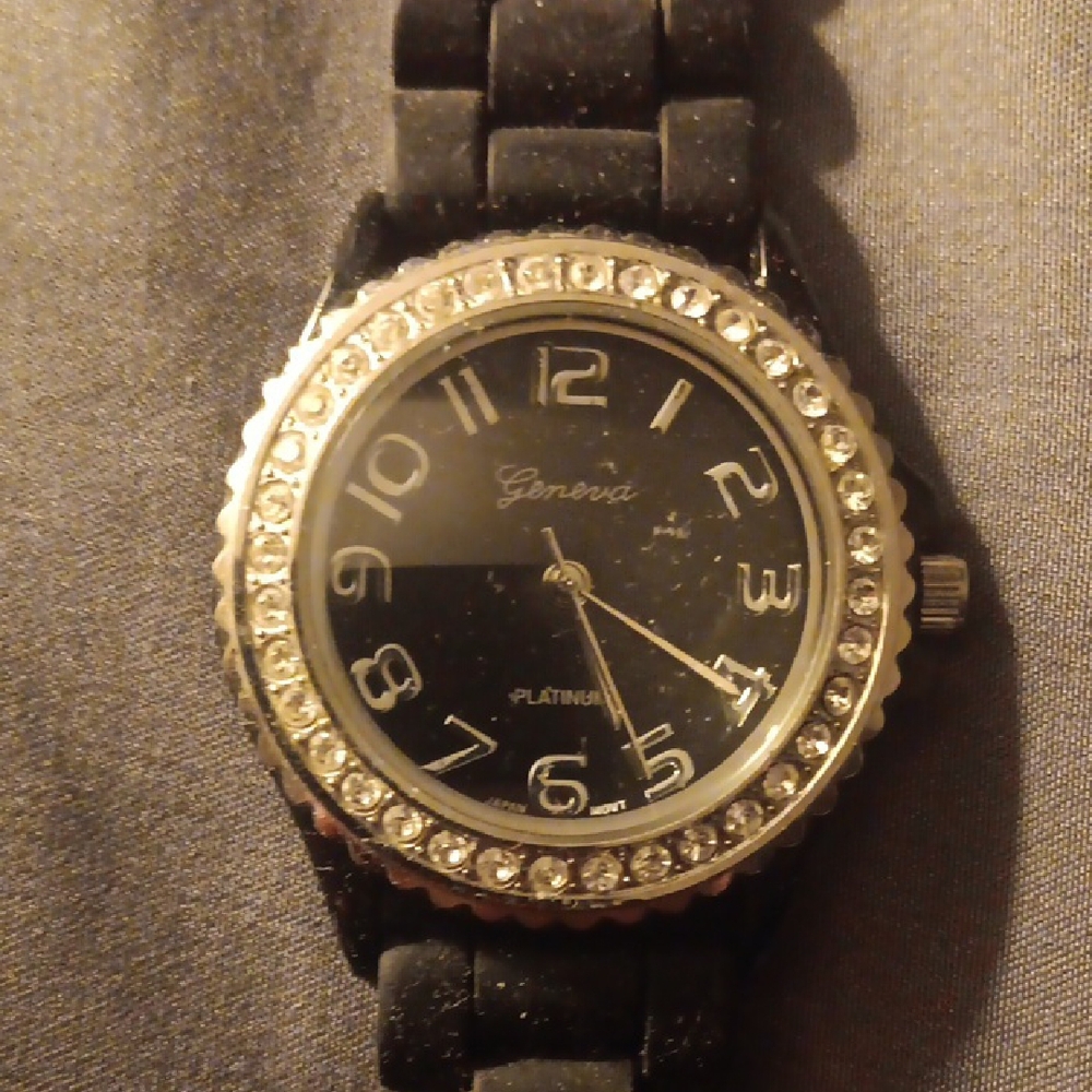 Geneva Platinum Black Watch with Silver Accents